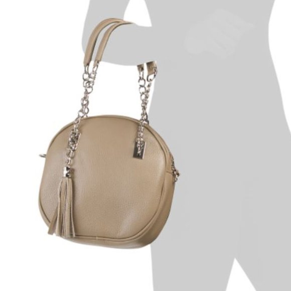 ORE10 Taupe Leather Round Tassel Satchel/Crossbody, Like New - Picture 2 of 15